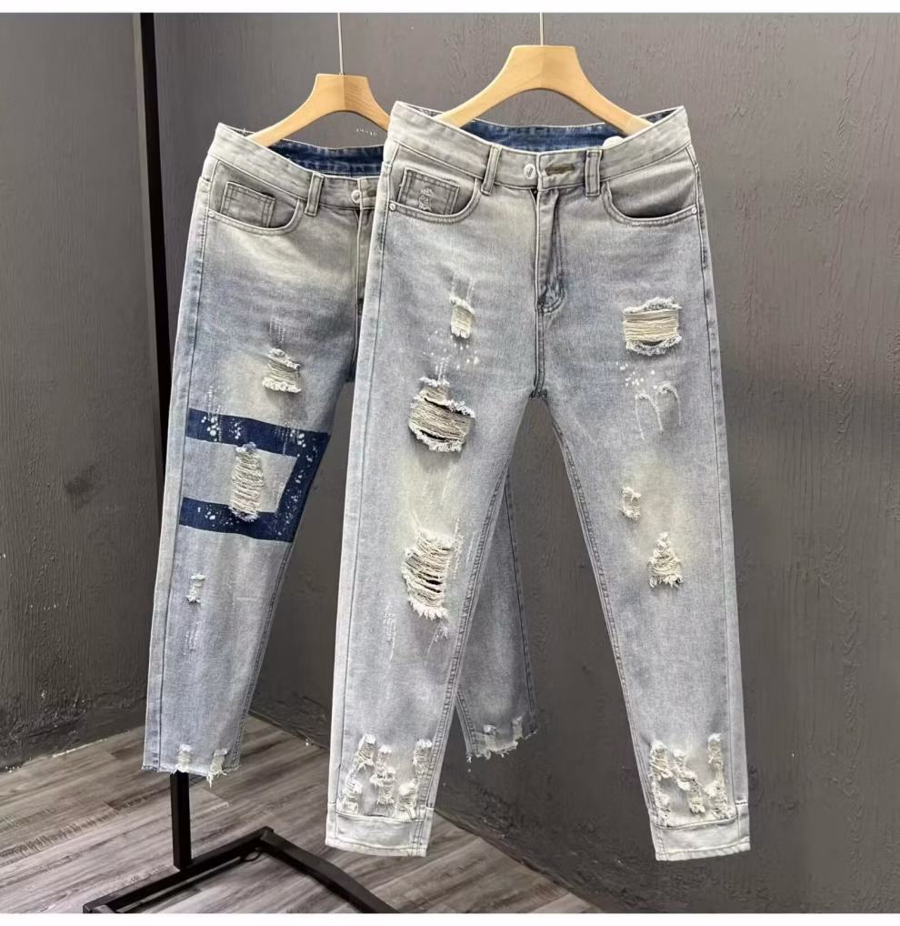 Ripped Nine-point Jeans Men's Summer Trendy Brand Elastic Straight Slim-fitting Pants Korean Version Of Student Ruffian Casual Pants, Blue 33_mkmklike.com