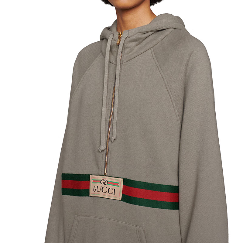 【包税】gucci/古驰      女士灰色重磅毛毡针织棉复古标识织带卫衣