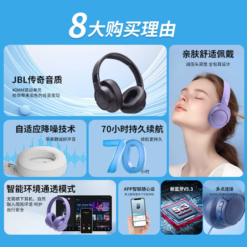 JBL TUNE770NC Wireless Over-ear Adaptive noise-cancelling Headphones Over-ear Bluetooth Headphones Active noise-cancelling Headphones Long battery life 520 Gift T770 Purple [Newly Upgraded Noise-cancelling Headphones] thumbnail 2