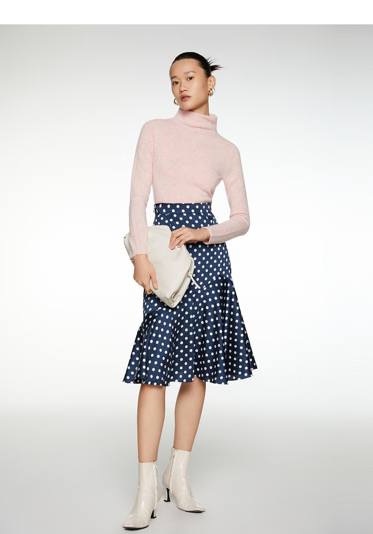 恩裳2021秋季新款时尚简约波点高臀鱼尾荷叶边半身裙 深蓝 40/l
