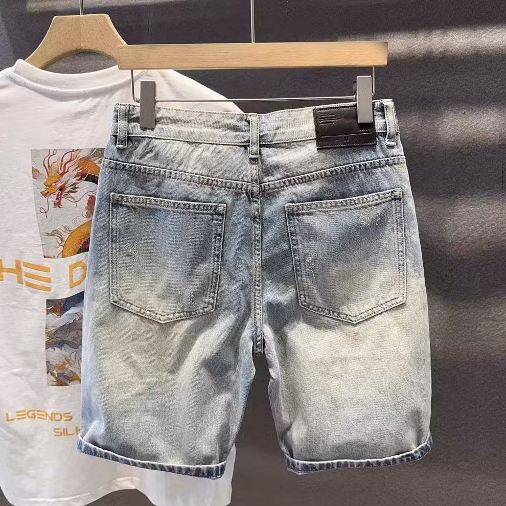 2026 Summer Trendy Brand Beggar Ripped Scratched Denim Shorts Men's Korean Version Trendy Straight Casual Five-point Pants, Blue 28_mkmklike.com