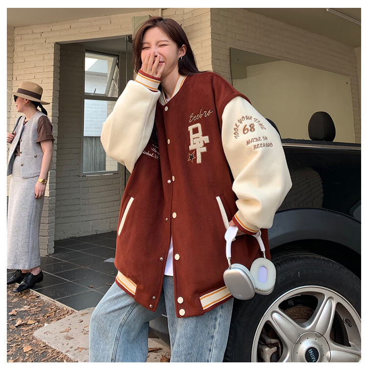 chillg国潮外套美式复古棒球服外套女夹棉加厚秋冬学生宽松连帽夹克