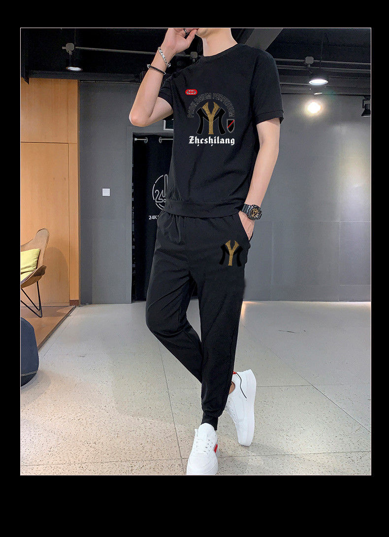啄木鸟冰丝休闲套装男士2021新款衣服男潮流百搭帅气薄款精神小伙套装
