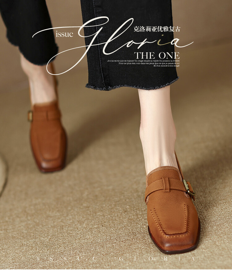 品牌单鞋女粗跟2022年春秋季新款镂空乐福鞋中跟真皮夏款小皮鞋女新品