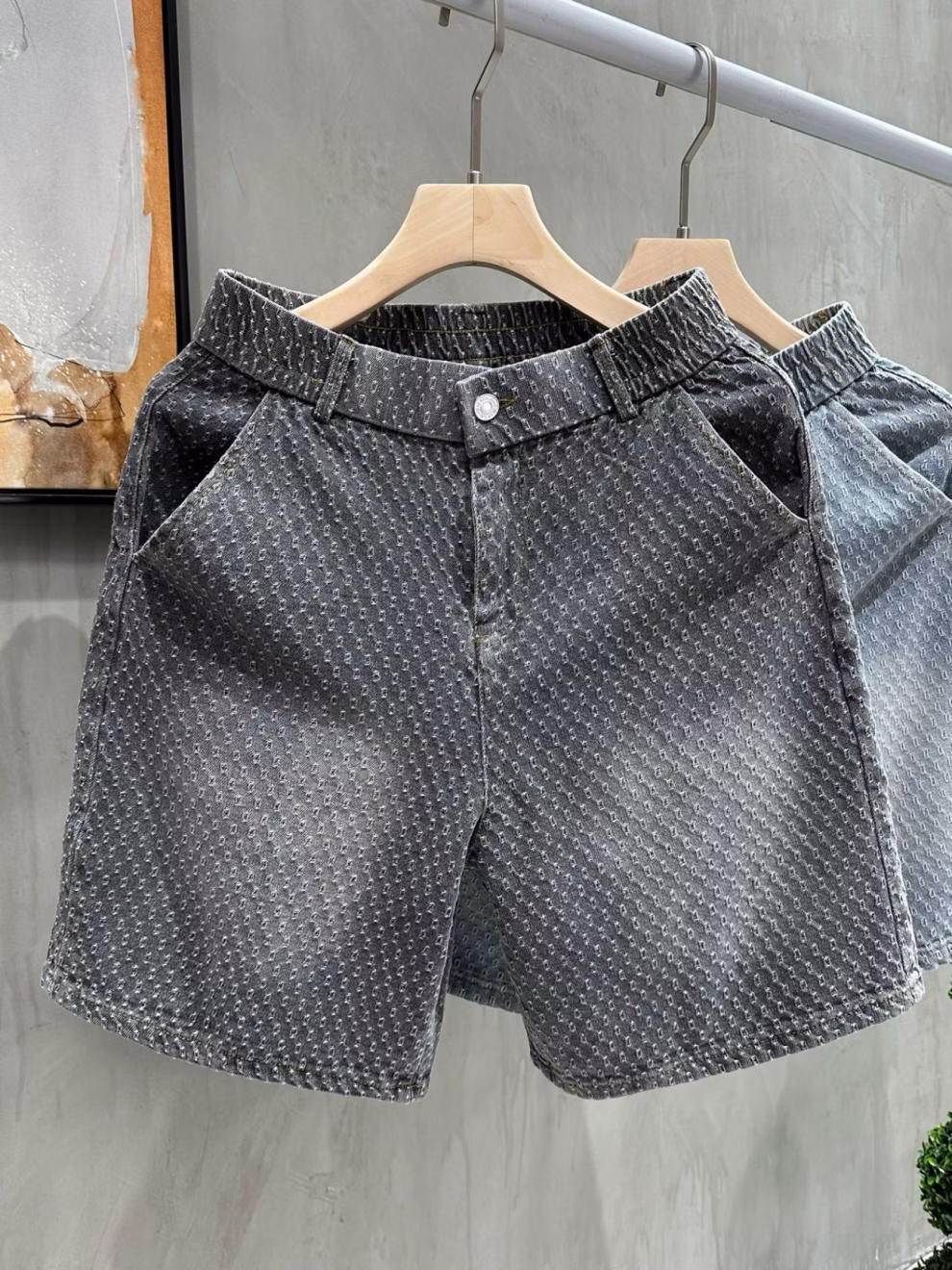Retro Old Jacquard Denim Shorts Men's Summer American Vibe Ruffian Handsome Casual Pants Loose Straight Five-point Pants, Black M_viptrois.com