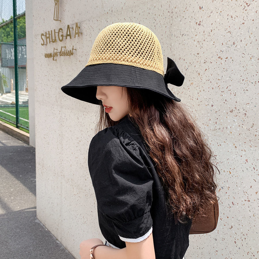 直播现货网红针织顶拼接渔夫帽子女拼色蝴蝶结遮阳帽百搭盆帽 黄色-拼