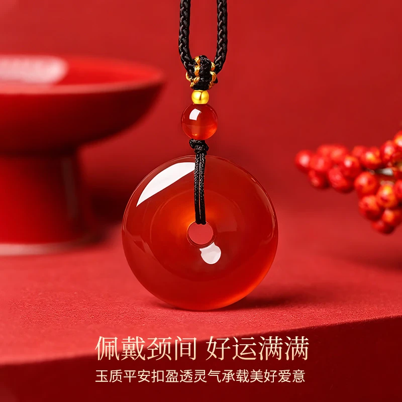 CHINA GOLD (CHINA GOLD) Ruyi Pure Gold Peace Buckle Necklace, Ladies' Red Agate Pendant, Wedding Anniversary Gift for Your girlfriend or wife's birthday, Jingsuda - Pure Gold Peace Buckle Red Agate Gold Bead Necklace thumbnail 3