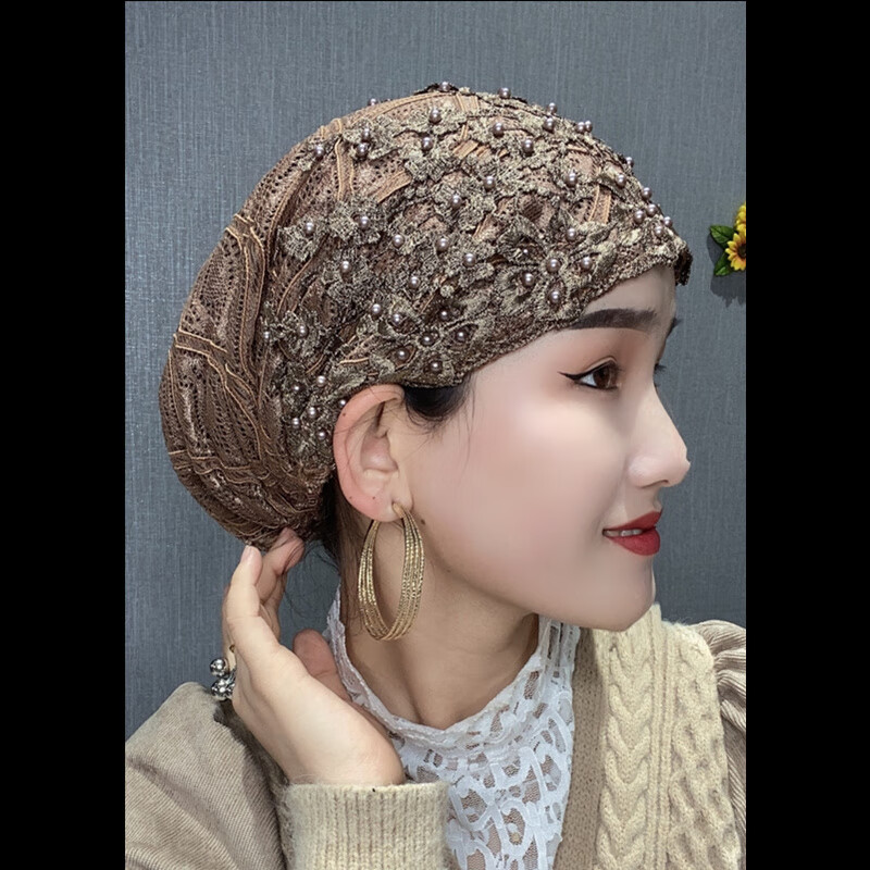 梦宁阁穆斯纱巾帽春秋夏新款妈妈帽时尚钉珠盖头帽子花边包头帽遮发帽