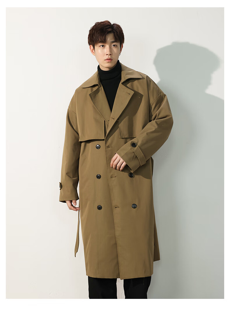 款过膝风衣男秋季新款韩版ins潮帅气双排扣宽松休闲大衣外套 0595棕色