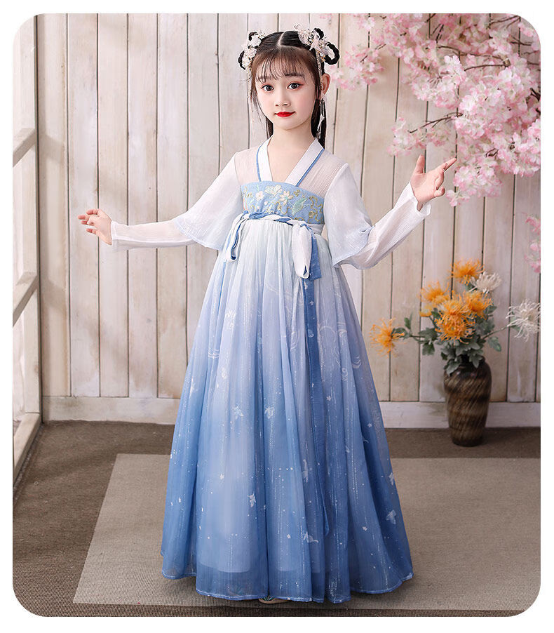 汉服秋季儿童古装女古筝演出服超仙10岁女孩小学生表演服中国风蓝色