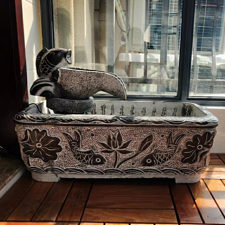 京石云 新款青石仿古石雕花盆流水盆鱼缸庭院养鱼水池荷花缸种花石盆