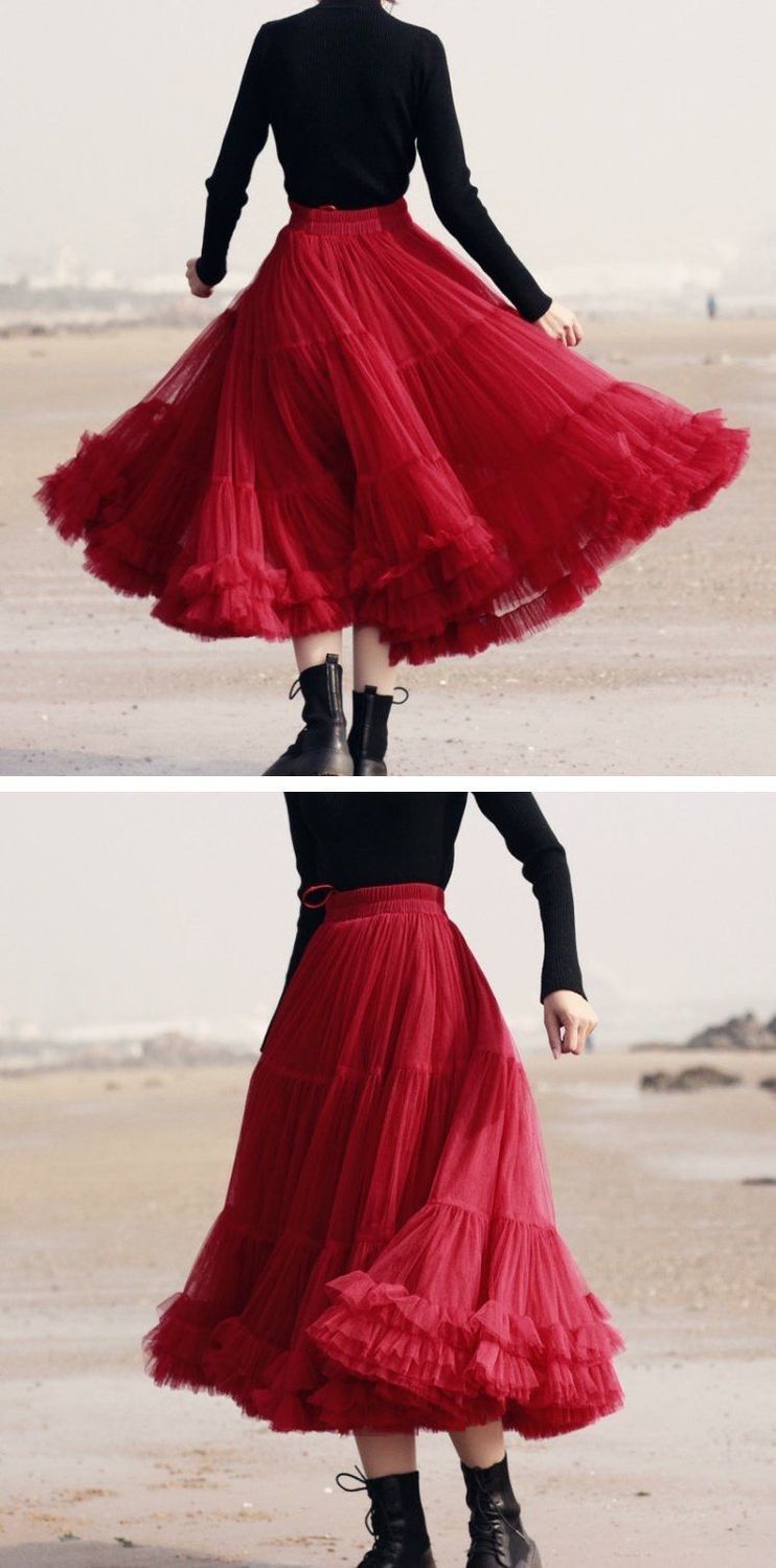 半身裙女蓬蓬超大摆裙百褶裙中长款高腰显瘦仙女纱纱裙酒红色裙长80