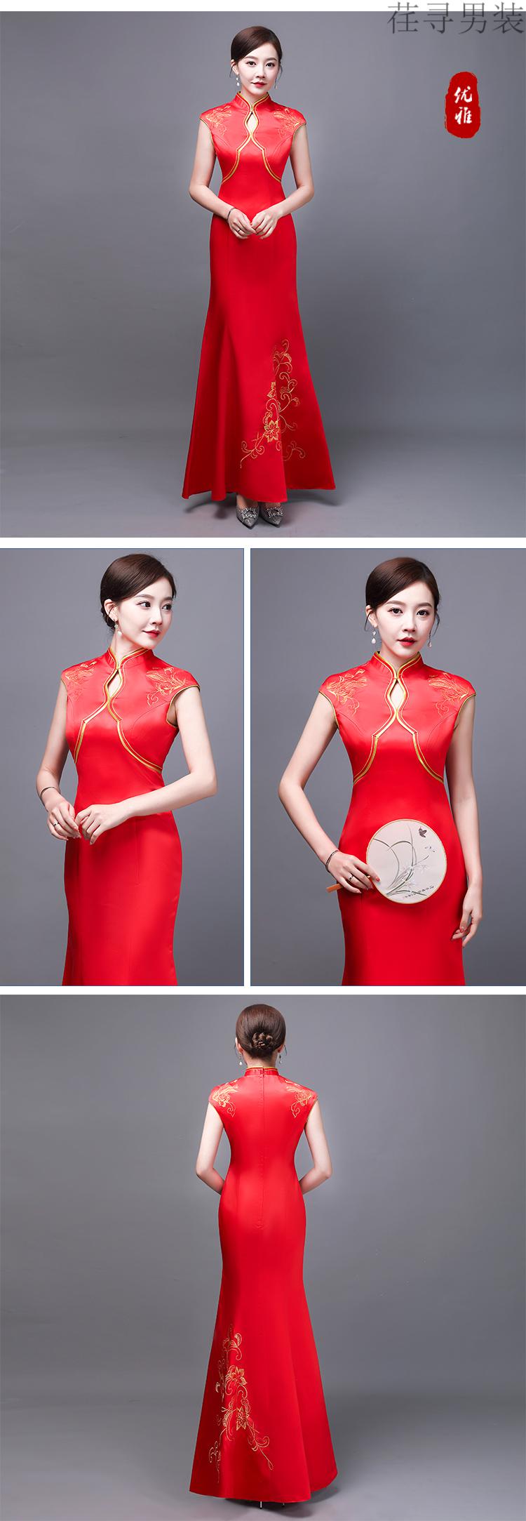 礼仪迎宾服装女旗袍长款小姐青花瓷复古礼服红色酒店演出服 白色蓝花