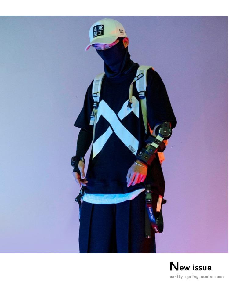 阁版赛博朋克衣服 暗黑假两件飘带t恤嘻哈街头潮牌短袖宽松拼接街舞