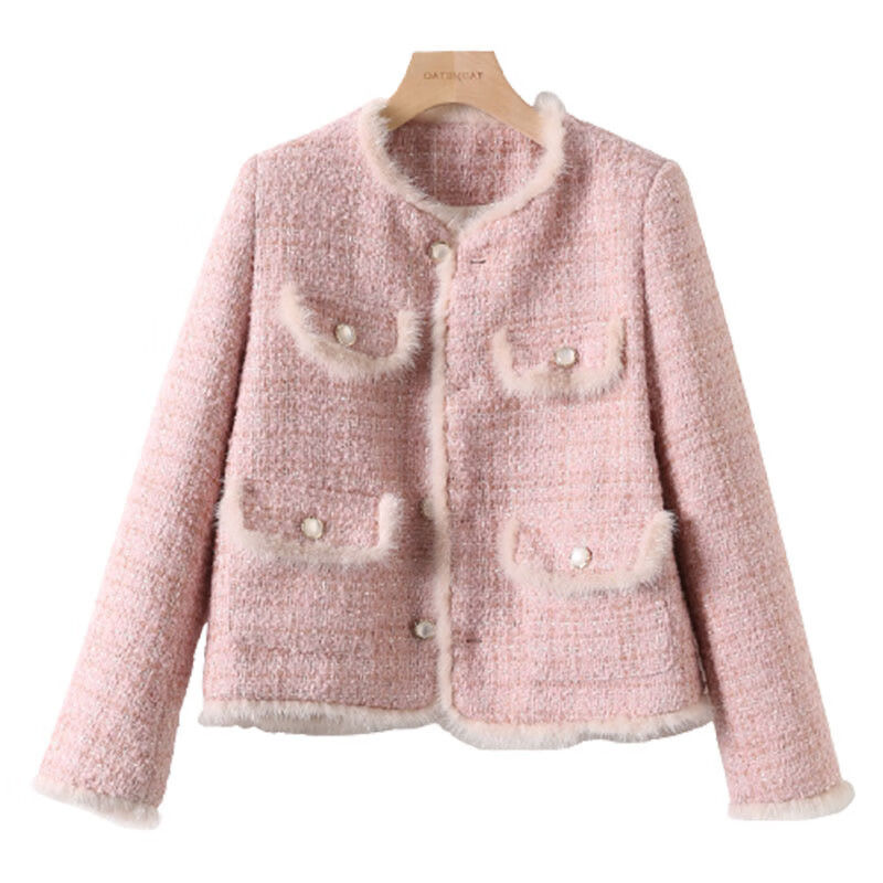衣喔衣小香风外套2022冬季气质小香风毛绒边拼接粗花呢粉色外套夹棉