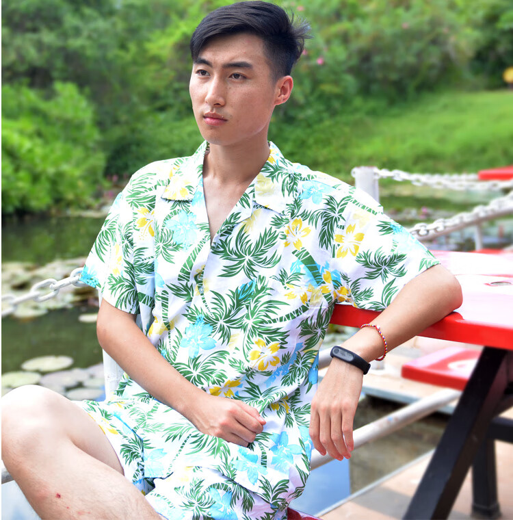 沙滩服男夏威夷衬衫海南岛服情侣旅游椰树套装色织布短袖速干服 鲨鱼