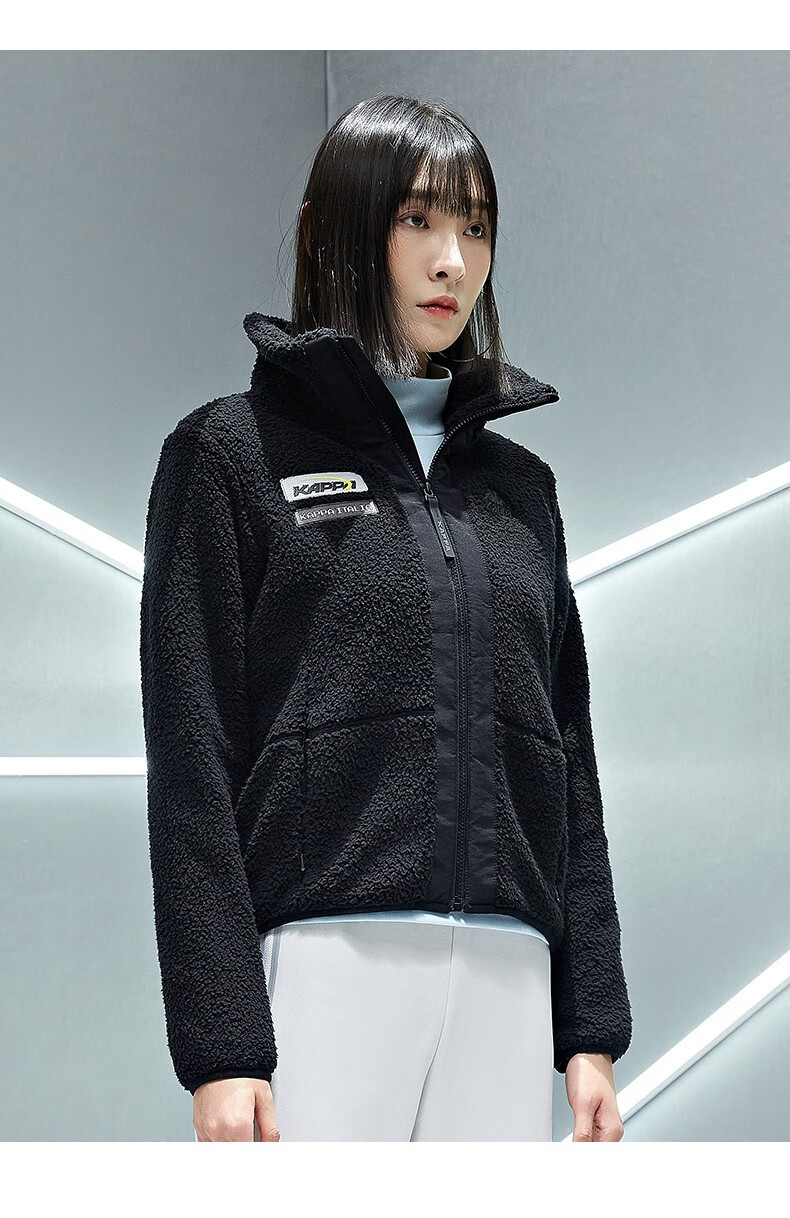 卡帕(kappa) kappa卡帕羊羔绒茄克秋冬女泰迪绒外套休闲拼接开衫卫衣