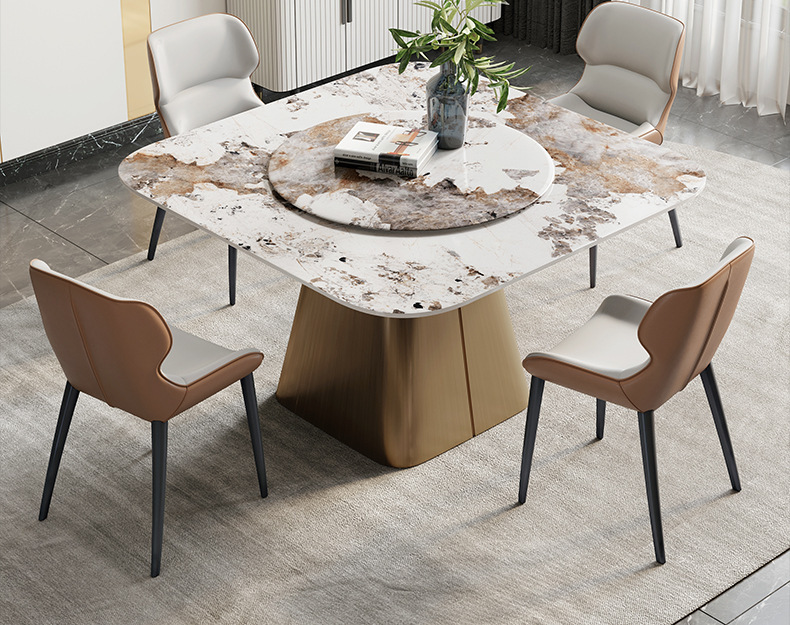 卞哆 轻奢亮光岩板圆餐桌小户型家用正方形带转盘设计极简大理石圆餐