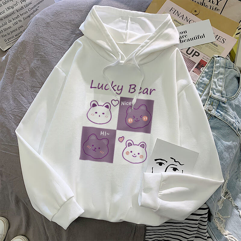 贤语春秋款卫衣连帽女学生洋气可爱卡通印花上衣外套薄款长袖打底纯白