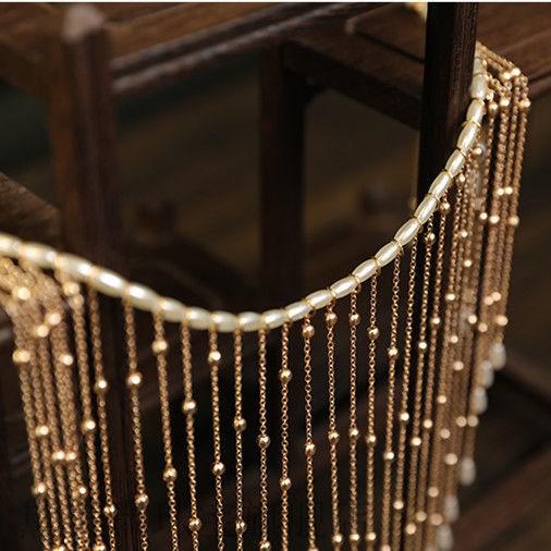 古风遮脸儿童汉服面具珍珠流苏挂耳面纱女童头饰女孩古装配饰 金面帘