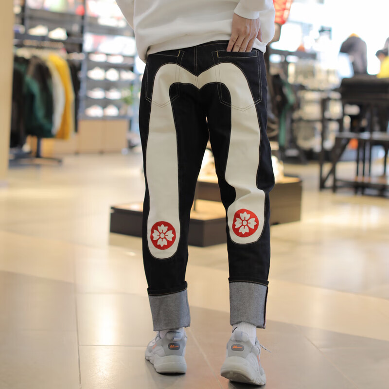 福神牛仔裤 原色牛仔裤男大m机械腿印花大白樱花宽松直筒刺绣长裤子