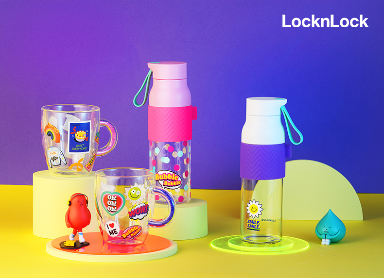 乐扣乐扣(locknlock)耐热玻璃便携提手水杯子防烫杯套带网片复古波普