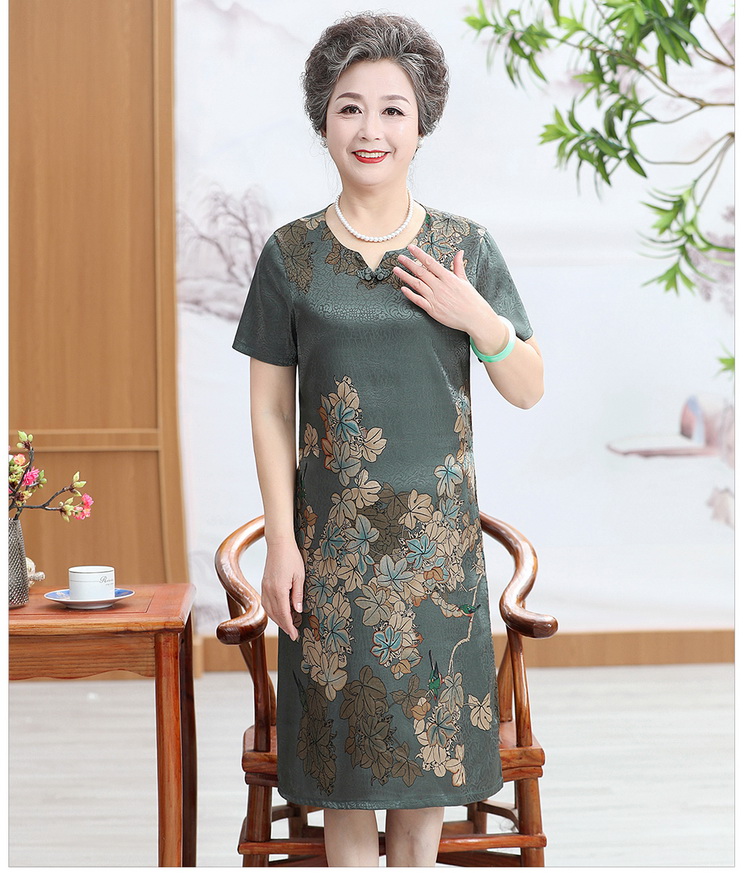 中老年人夏天穿的过膝连衣裙女夏装中长款妈妈装新款旗袍气质奶奶装裙