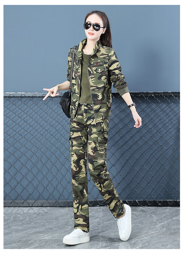 bkqu 迷彩服套装女2022春秋新款修身裤子时尚户外休闲黑色套装 黑色两