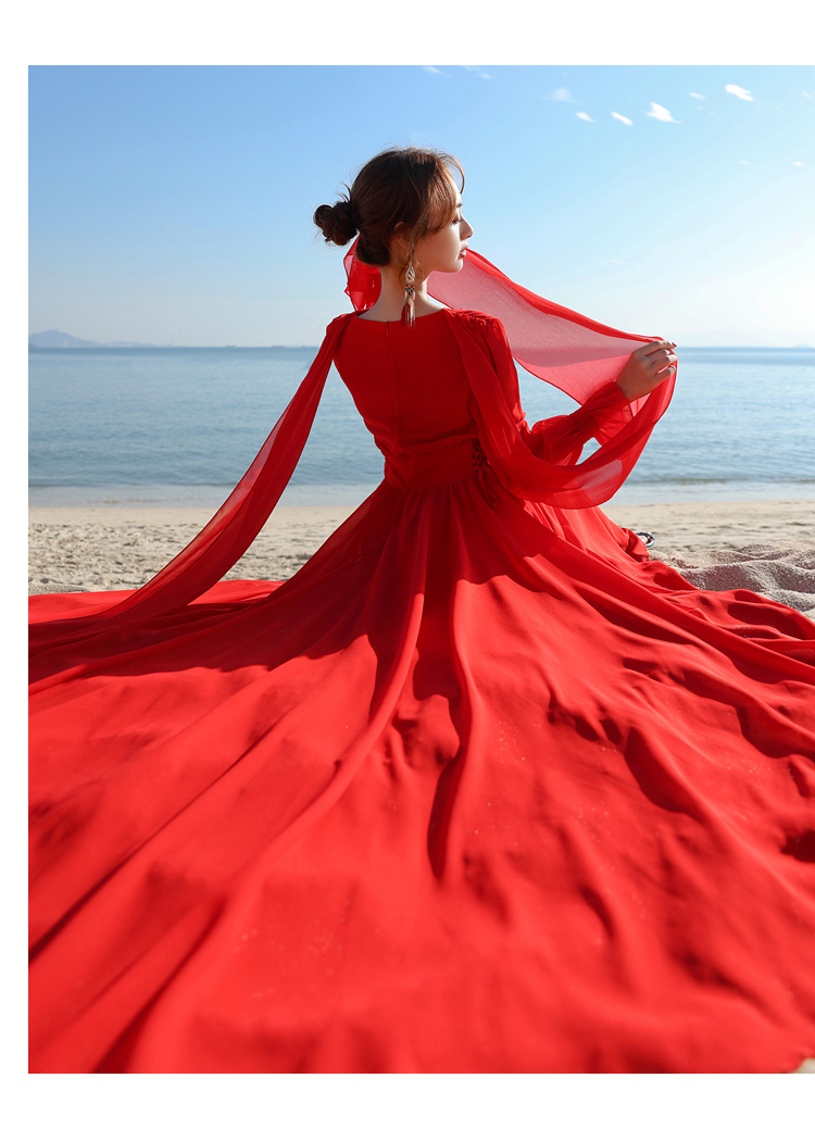 草原沙漠裙复古红色收腰连衣裙旅游拍照大摆长裙海边度假拖地沙滩裙