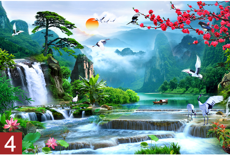 中式墙贴壁画墙贴自粘墙纸客厅3d贴画山水画风水画装饰电视背景墙 18