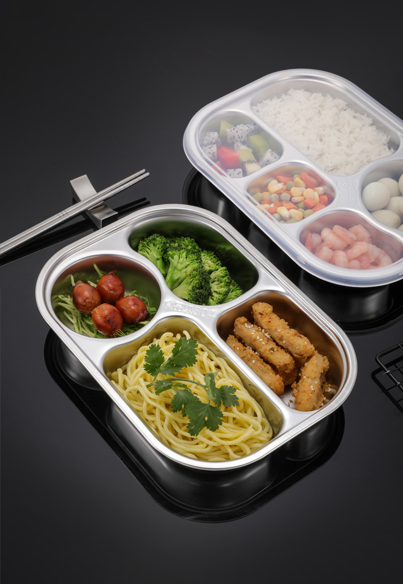 304不锈钢分格儿童幼儿园四格防摔餐盘学生食堂家用分隔餐具套装 304