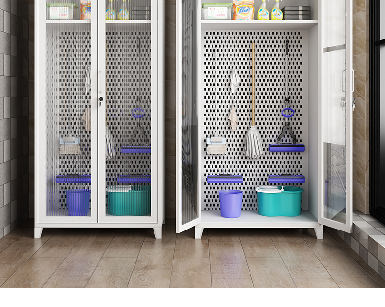 钢虎不锈钢清洁柜保洁卫生工具收纳柜家用白色置物拖把柜玻璃门家政柜