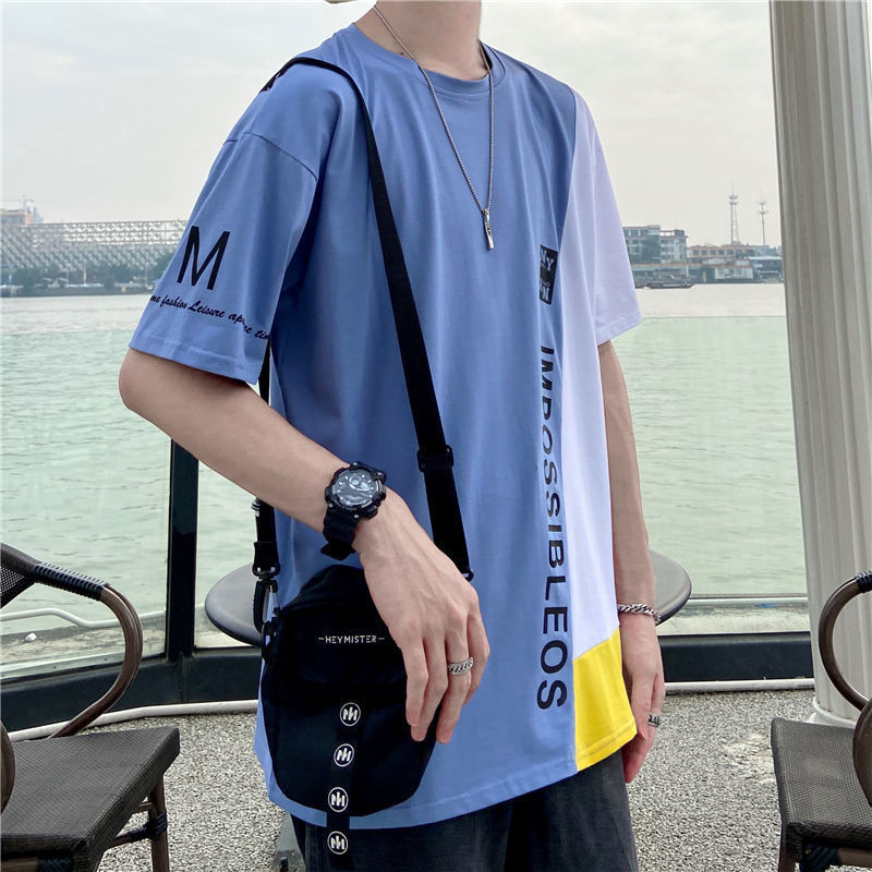 jianyinz 圆领五分袖男潮流夏季新款短袖t恤男学生韩版宽松拼接ins上