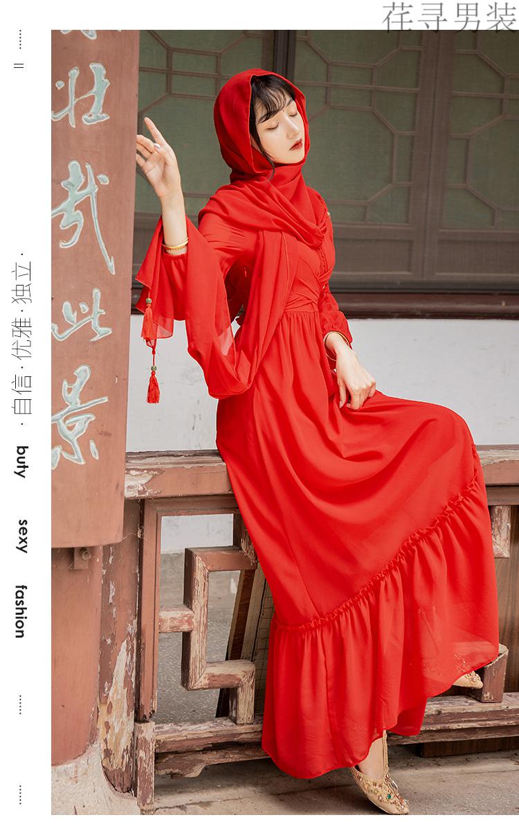 茶卡盐湖旅长裙游裙子红色连衣裙修身显瘦长袖民族风沙滩裙度假红色