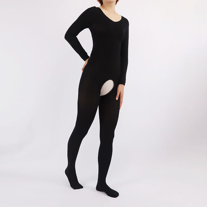 肤色舞蹈打底袜抗起球连体衣加厚肉色长袖开档不开裆连身袜裤 黑色