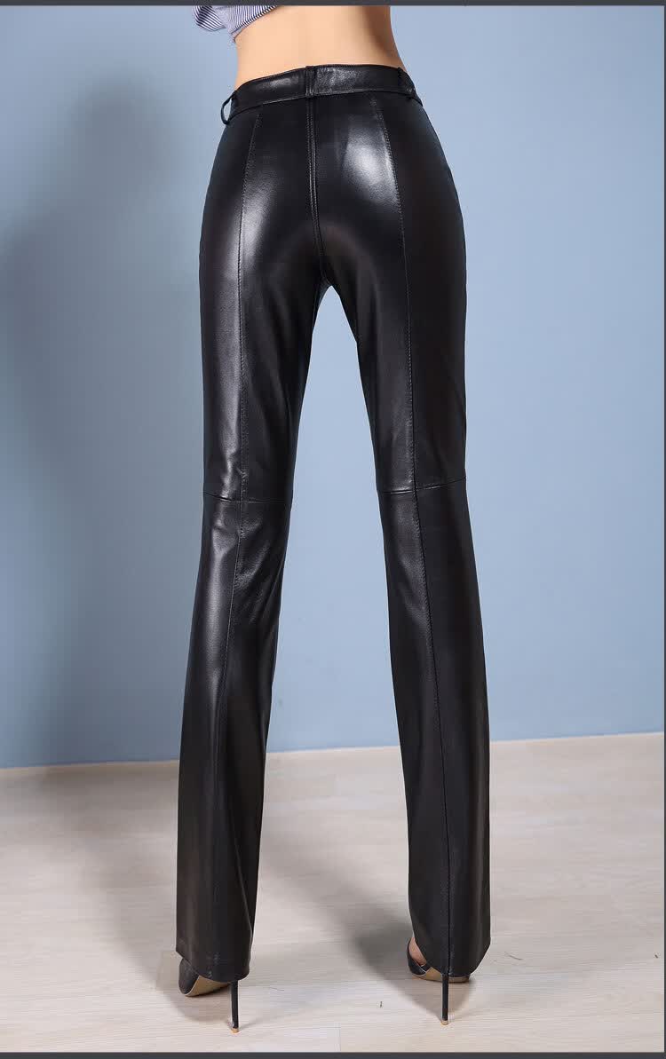 真皮皮裤女秋冬女士微喇西装裤海宁女长裤休闲修身显瘦喇叭裤黑色l