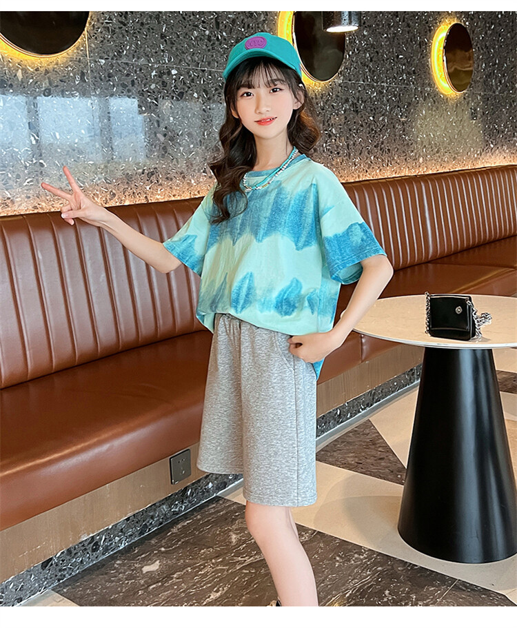 夏季童装新款2022年大童女款女童装短袖儿童薄款韩版宽松条纹半袖绿色