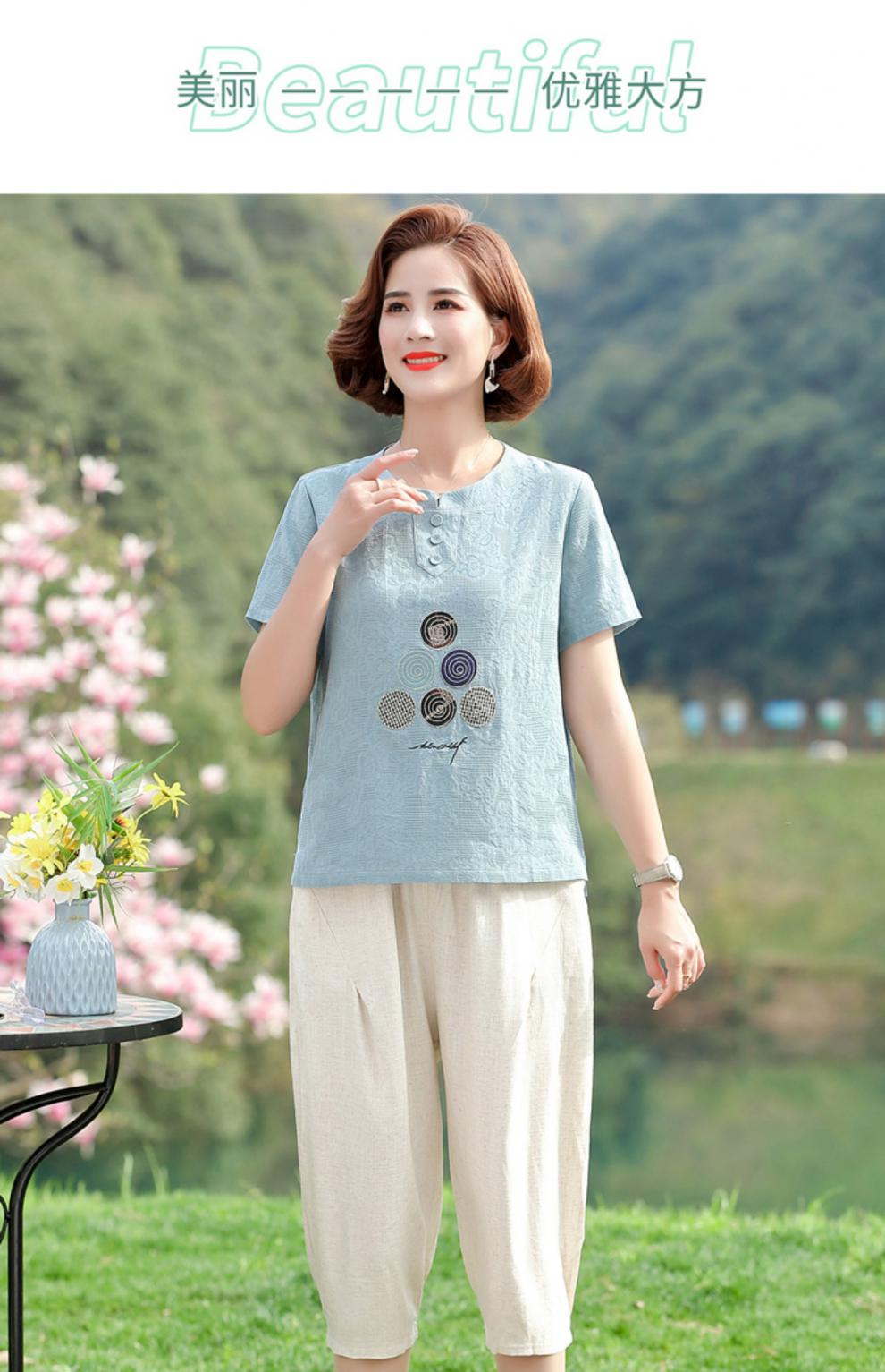 莫代尔严谨工艺中年妈妈夏装棉麻套装短袖t恤大码中老年女装夏季上衣