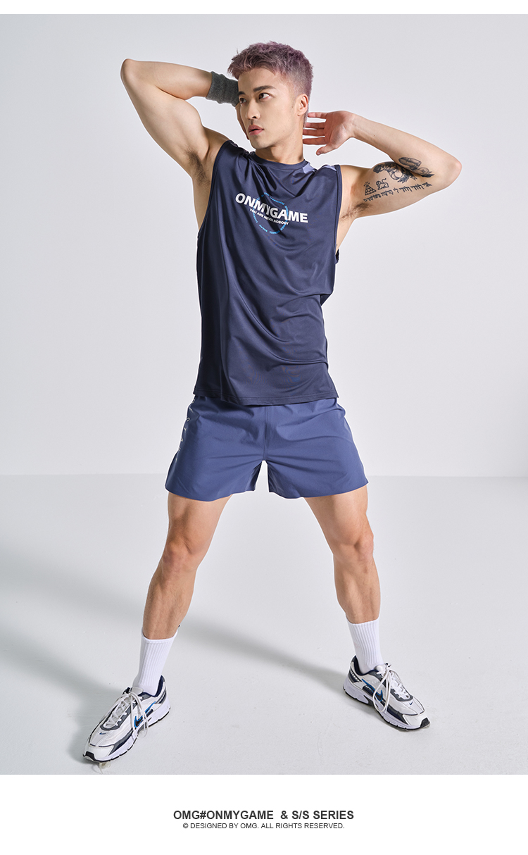 omg潮牌 运动背心男拼接款印花潮流跑步无袖t恤夏季训练健身衣服 蓝色