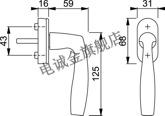 款0515方轴43孔距水滴形内外开通用 纱窗用耐辉顿 黑 左执手【图片