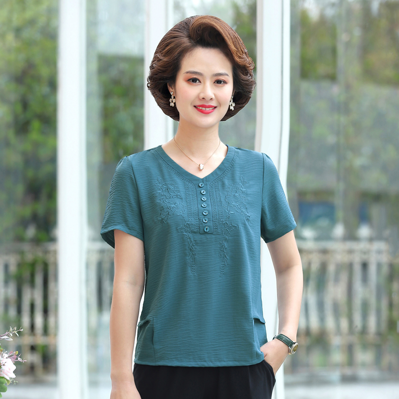 雁皇妈妈棉上衣夏季短袖t恤中老年女装全棉绣花小衫奶奶洋气打底衫高