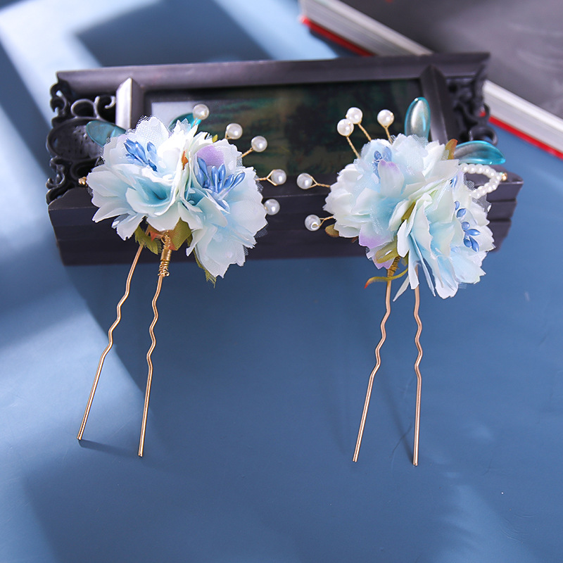 古风发饰绢花2022新款仙气蓝色头饰森系手工汉服套装春季青配饰 绢花