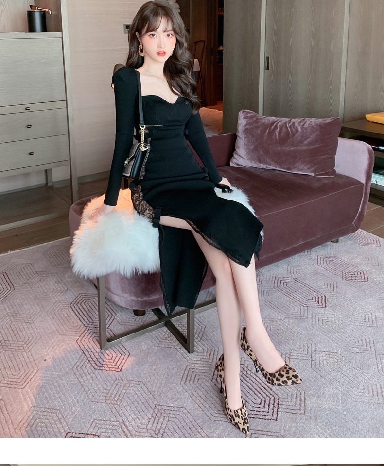 黑色重工针织抹胸法式小晚礼服高开叉性感修身紧身毛衣裙连衣裙女