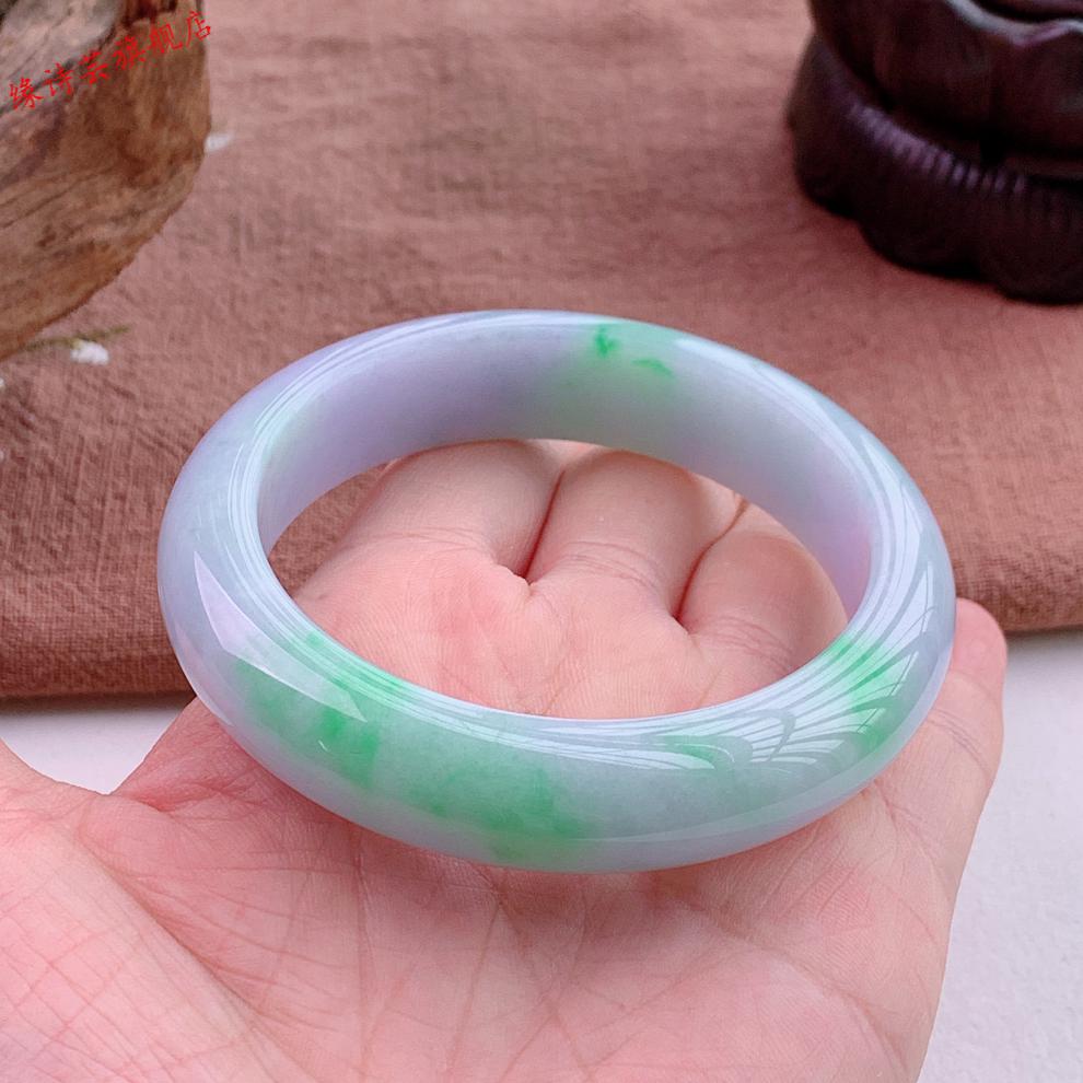 缘诗芸缅甸冰糯种飘花春彩玉手镯飘紫正圈手镯52号