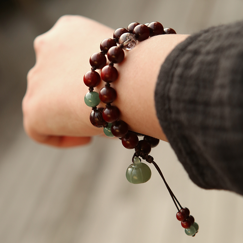 日鸟印度小叶紫檀手串女款七夕原创禅意饰品复古礼物翡翠滴水莲生佛珠