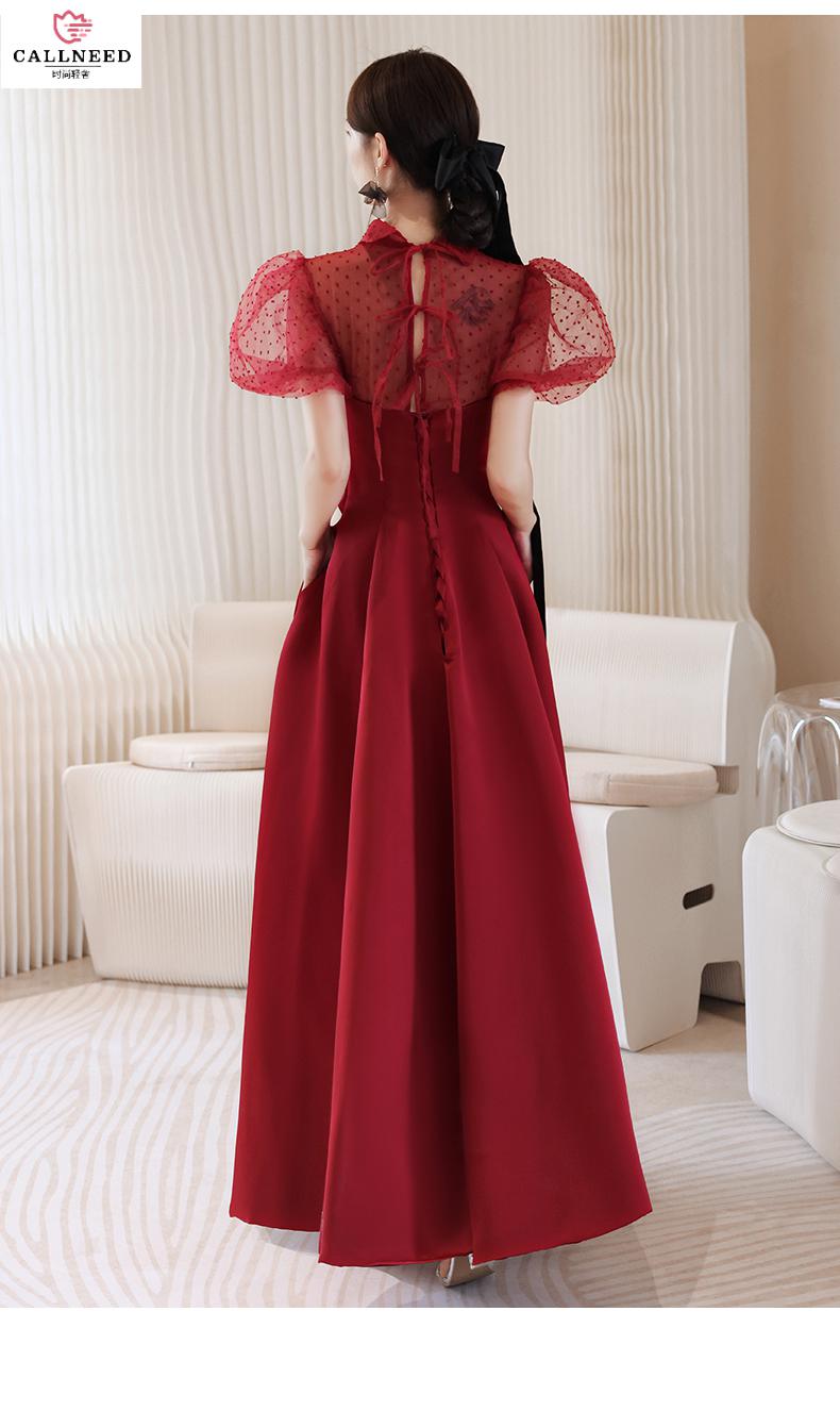 callneed轻奢品牌礼服女士酒红色晚礼服裙女结婚设计感婚礼敬酒服长款