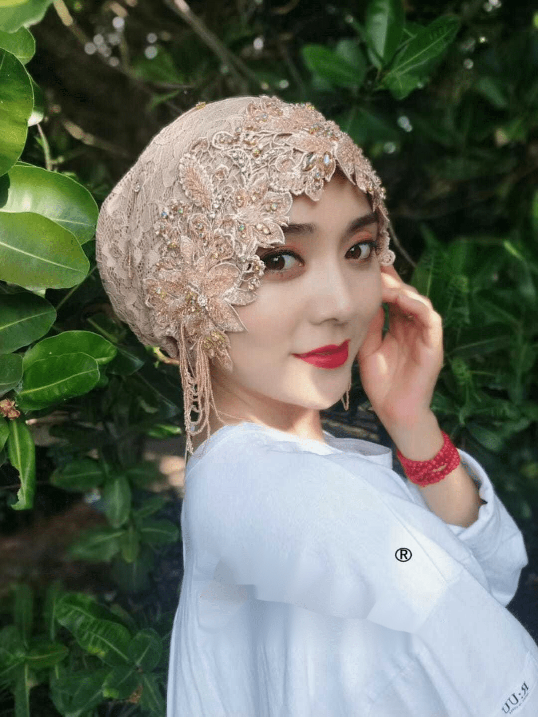 倩绣菲回族女人的套头纱巾包头帽迪拜头巾帽纱巾帽子夏回盖头套头蕾丝