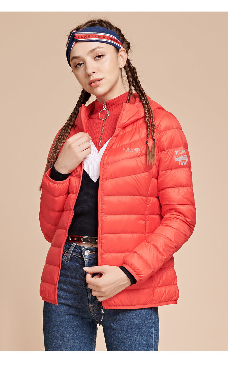 361度女装新款中长款轻薄羽绒服连帽修身运动外套 基础黑 xl