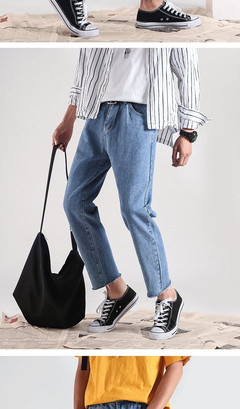 裤男潮牌宽松港风毛边浅色九分直筒裤子男生韩版潮流百搭分 免费试穿