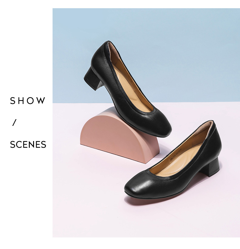 官方旗舰cele策乐女鞋秋季粗跟简约方头职业面试单鞋女羊皮百搭高跟